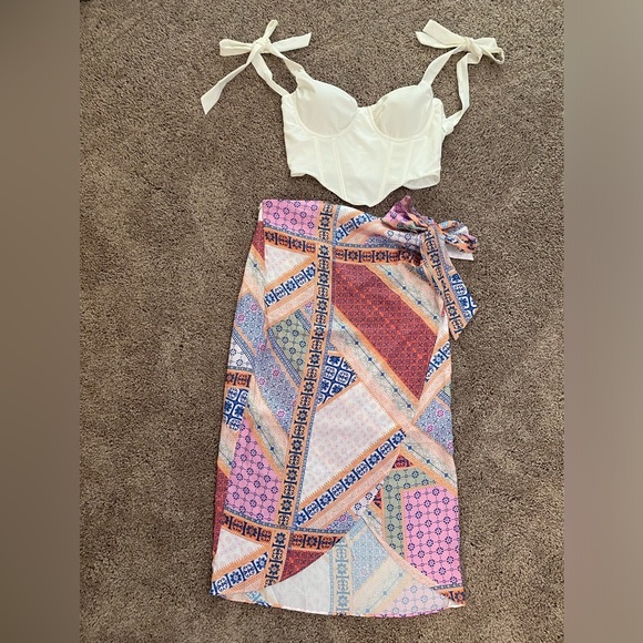 PREMIUM WRAP KNOT SCARF SKIRT and Tie Shoulder Bustier Bandana Crop Top size L - Picture 1 of 9
